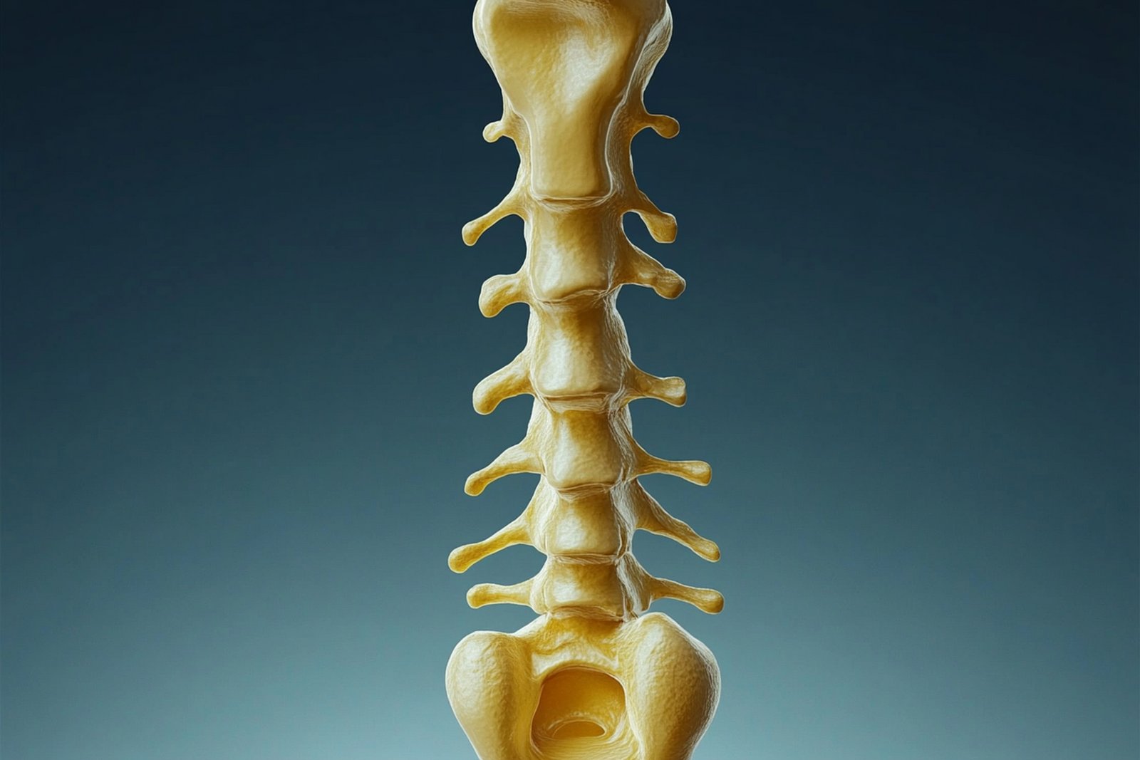 Three-dimensional model of the lower spine, showing the lumbar vertebrae stacked above the sacrum